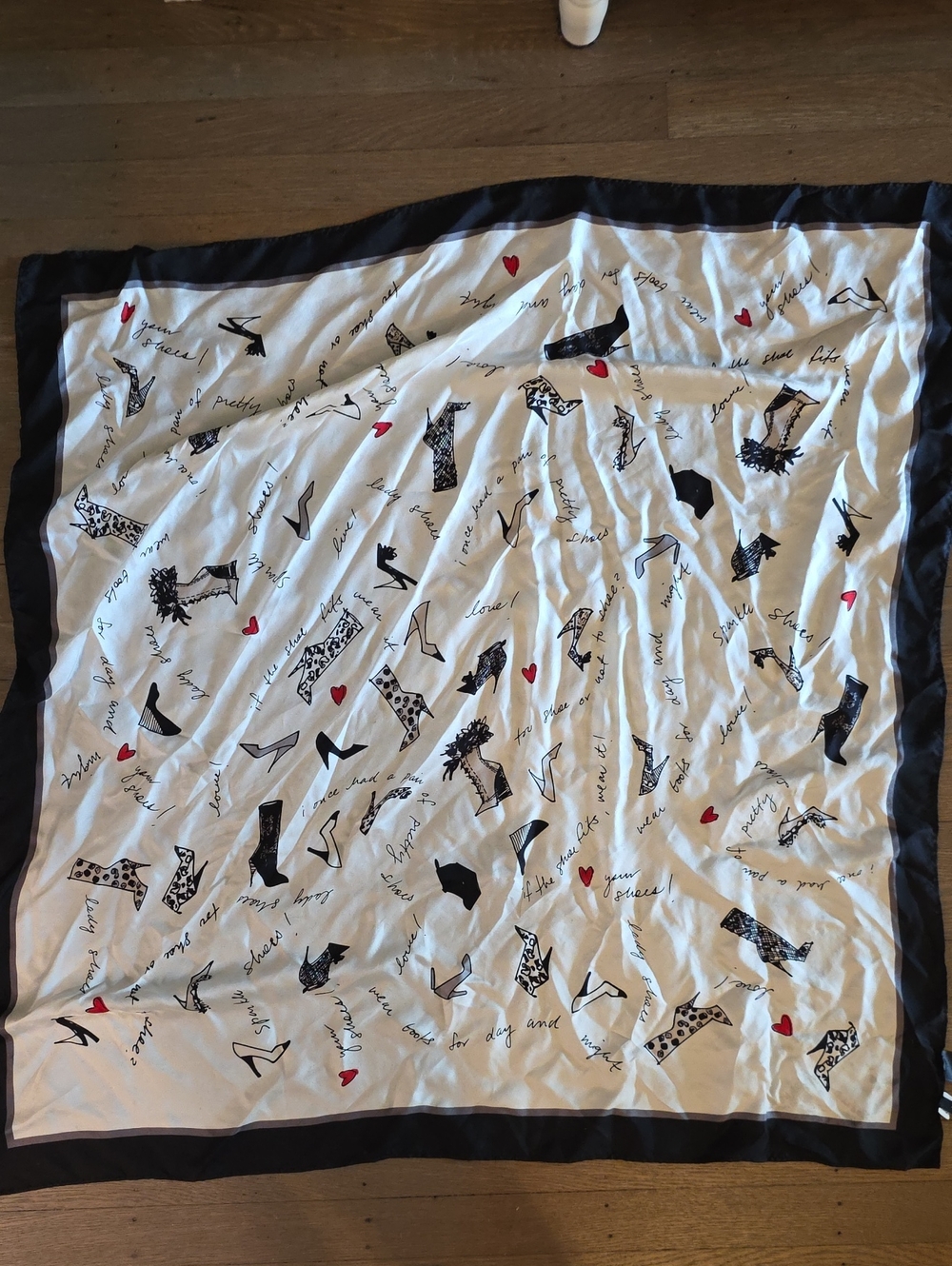 Ann Taylor White Silk-Feel Scarf with Black Shoe Motif and Red Hearts